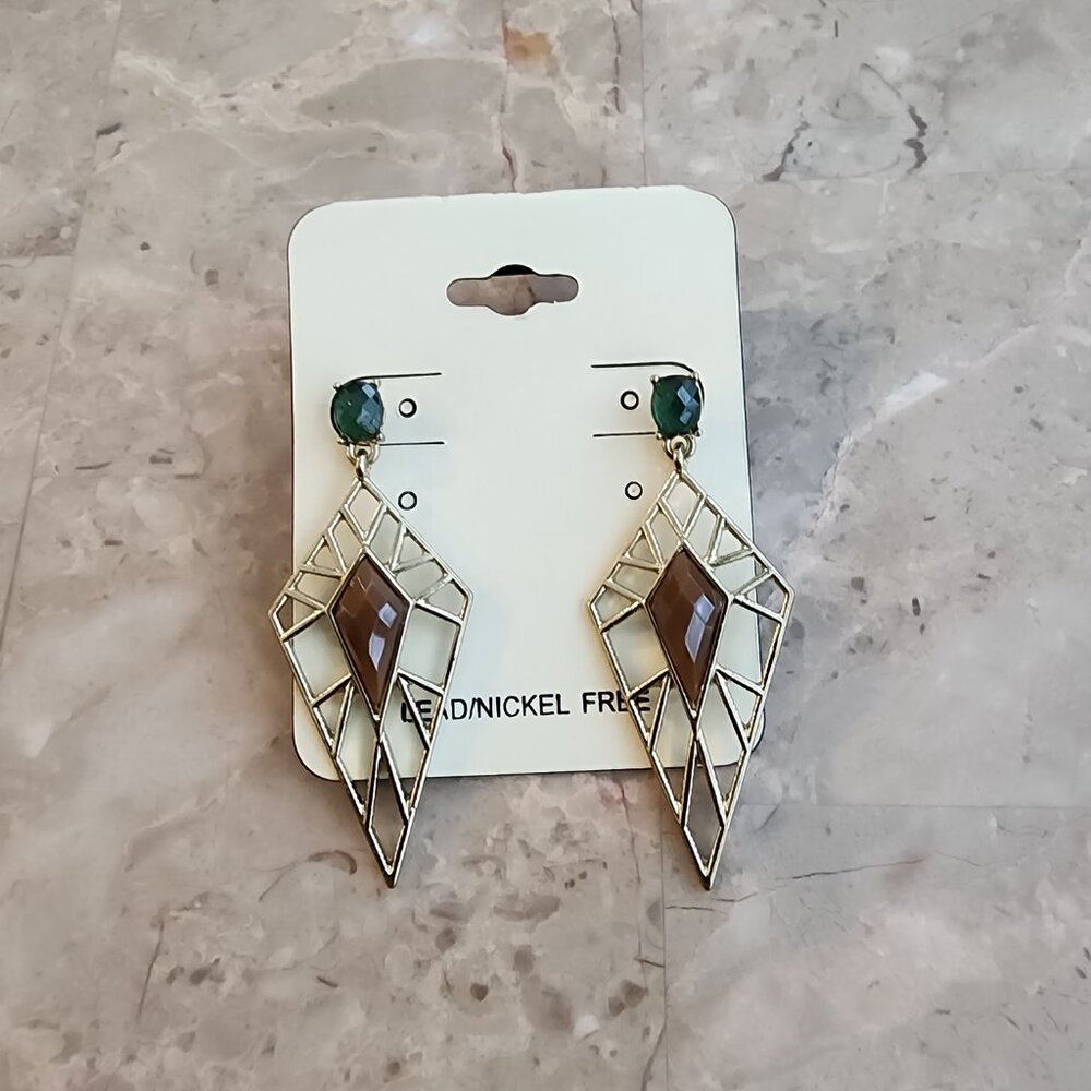 Geometric Brown and Green Dangle Fashion Earrings